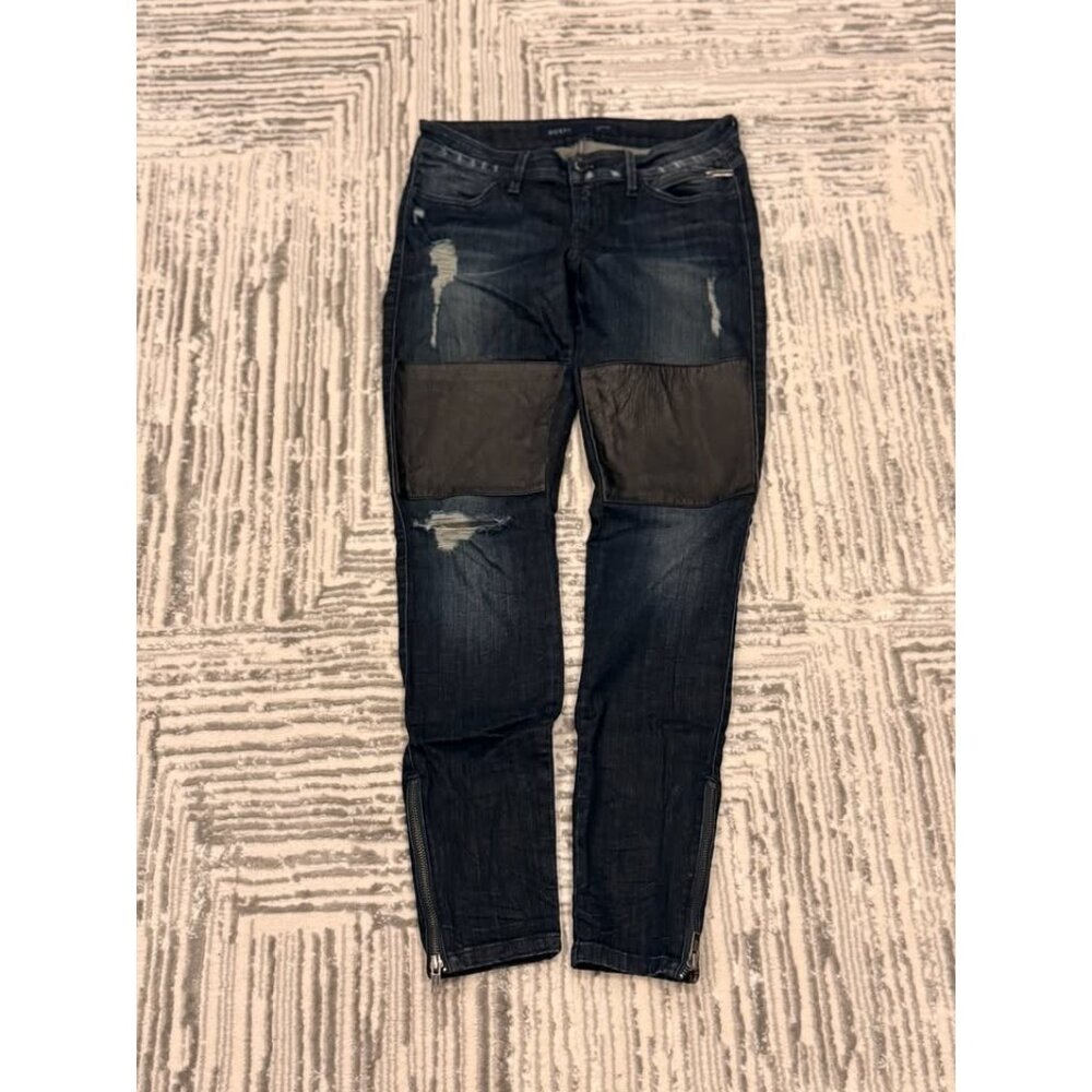 GUESS women's 27" waist blue denim skinny jeans with black leather ankle zippers